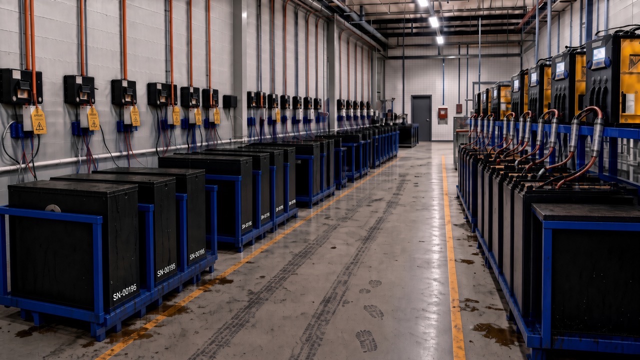 Forklift battery charging room with rows of traction batteries on charging stands