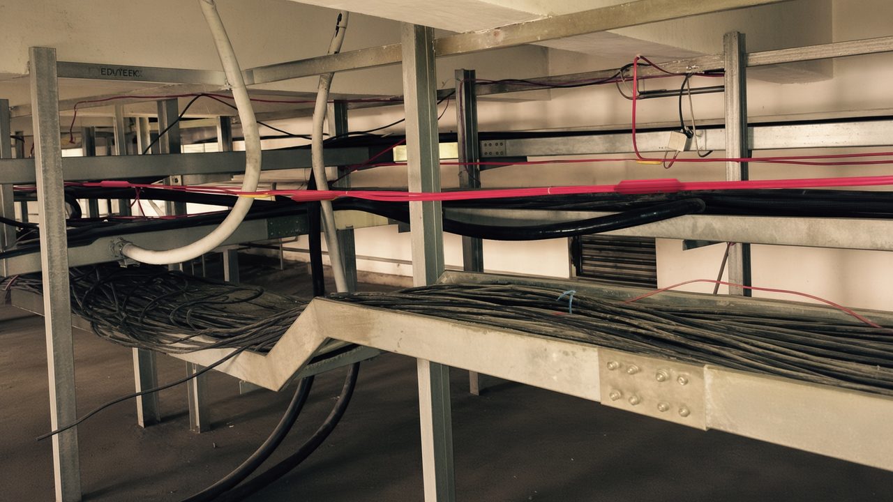 Stacked cable tray tiers on steel supports, each carrying bundled power cabling, with the red IHTC sensing cable and its inline sensing modules threading through the tiers