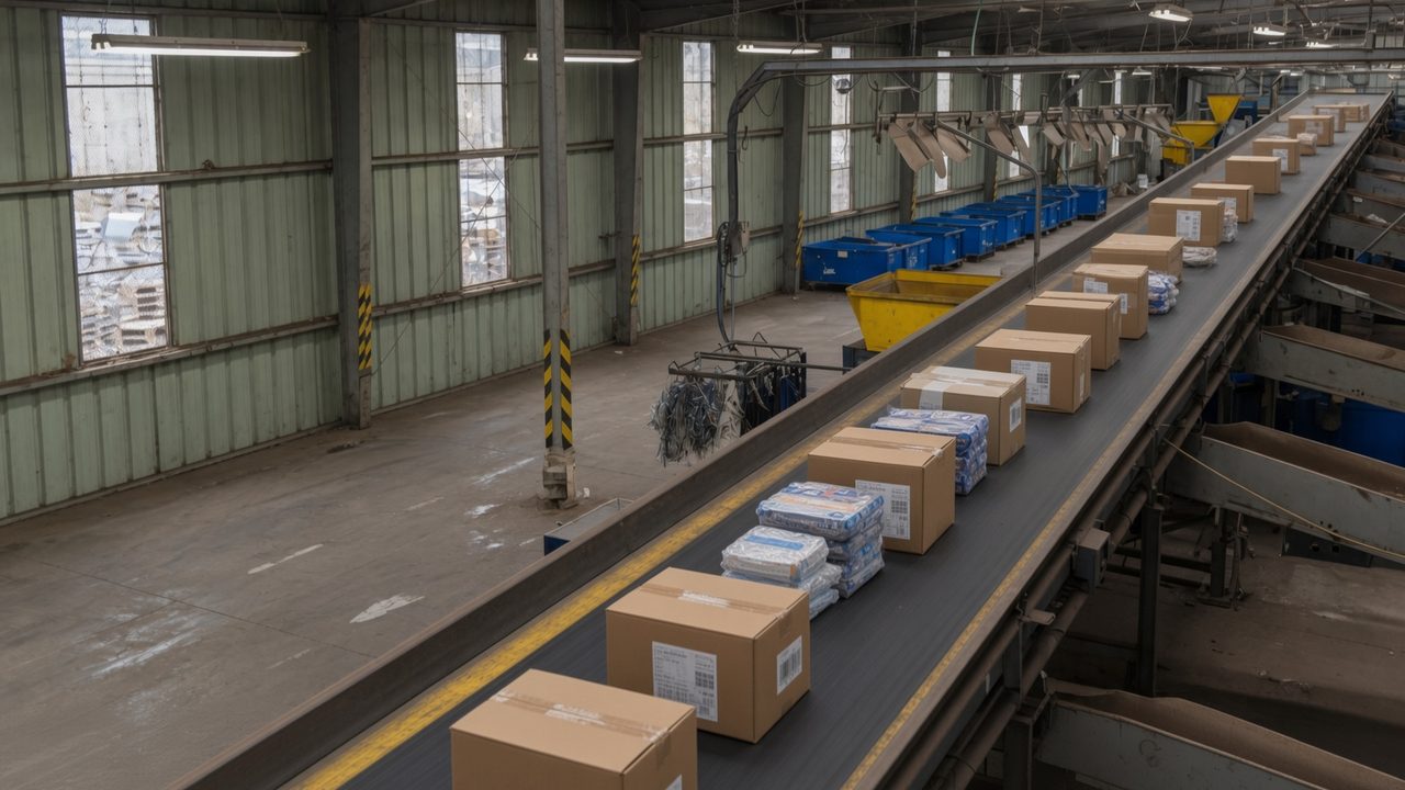 Warehouse sorting conveyor carrying parcels and shrink-wrapped packs past chutes and collection bins