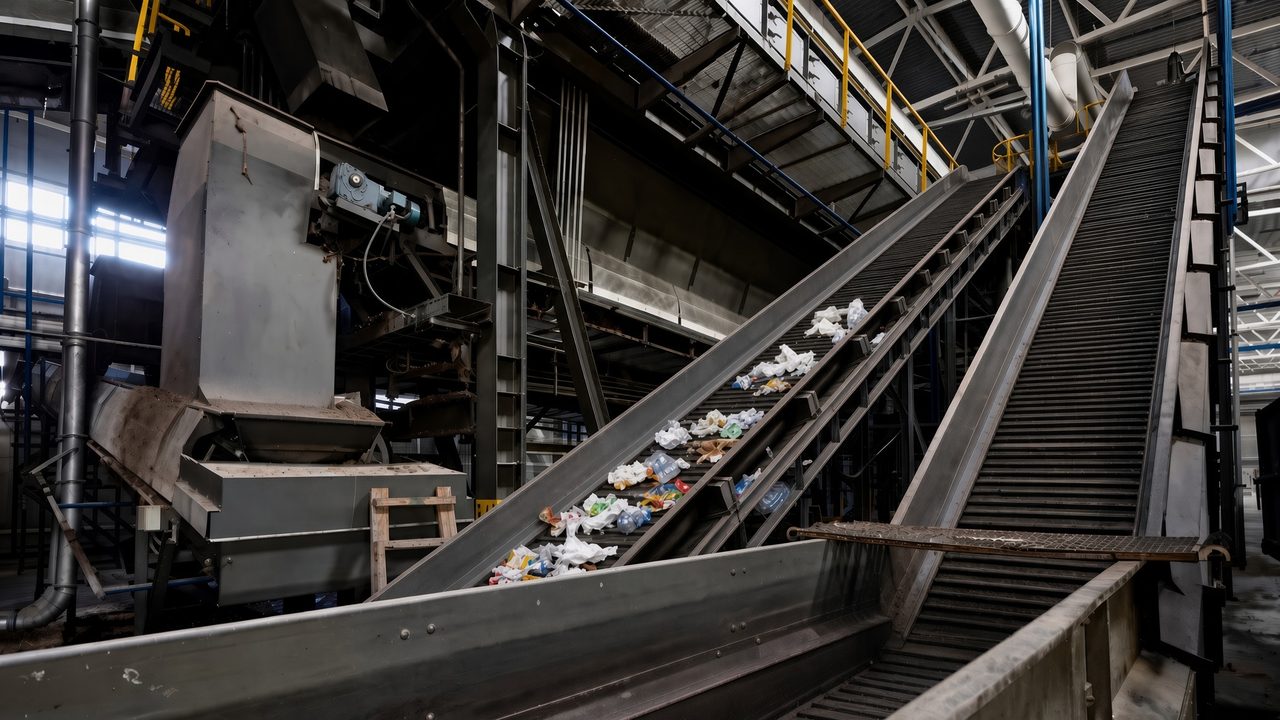 Inclined sorting conveyors in a materials-recovery hall, carrying mixed recyclables up to the picking line