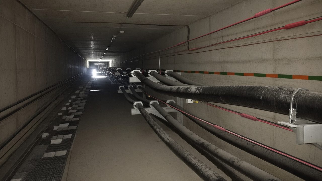 Underground cable tunnel: heavy power cables on wall cleats, with the red IHTC sensing cable and its inline sensing modules running the length of the wall above them