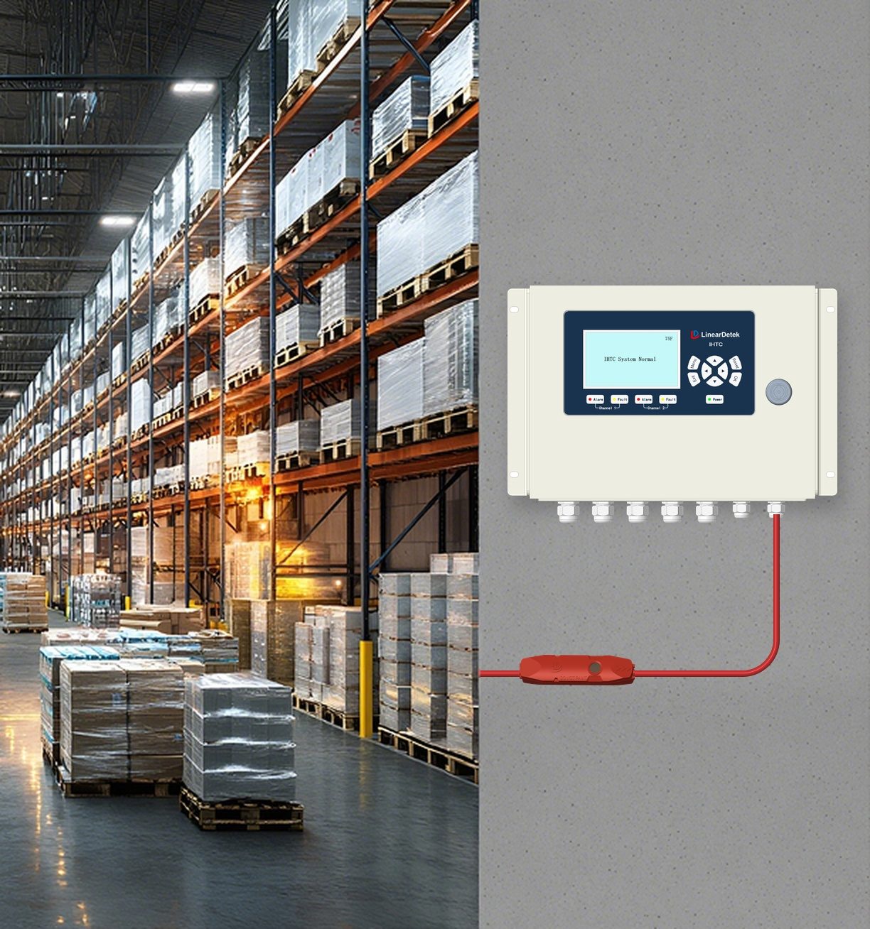 IHTC control unit wall-mounted beside a warehouse racking aisle, its red sensing cable running down the wall with an inline sensing module